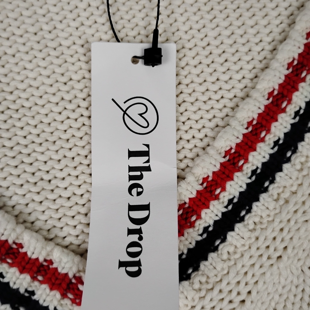 NWT The Drop Chunky Knit V- Neck Sweater In Cream With Red/Blk Stripe Accents 3X - Picture 5 of 8